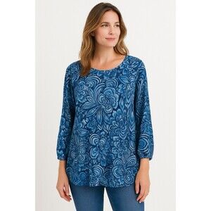 Johnny Was Women’s XL Blue Floral Boho Tunic Top Long Sleeve Flowy Casual